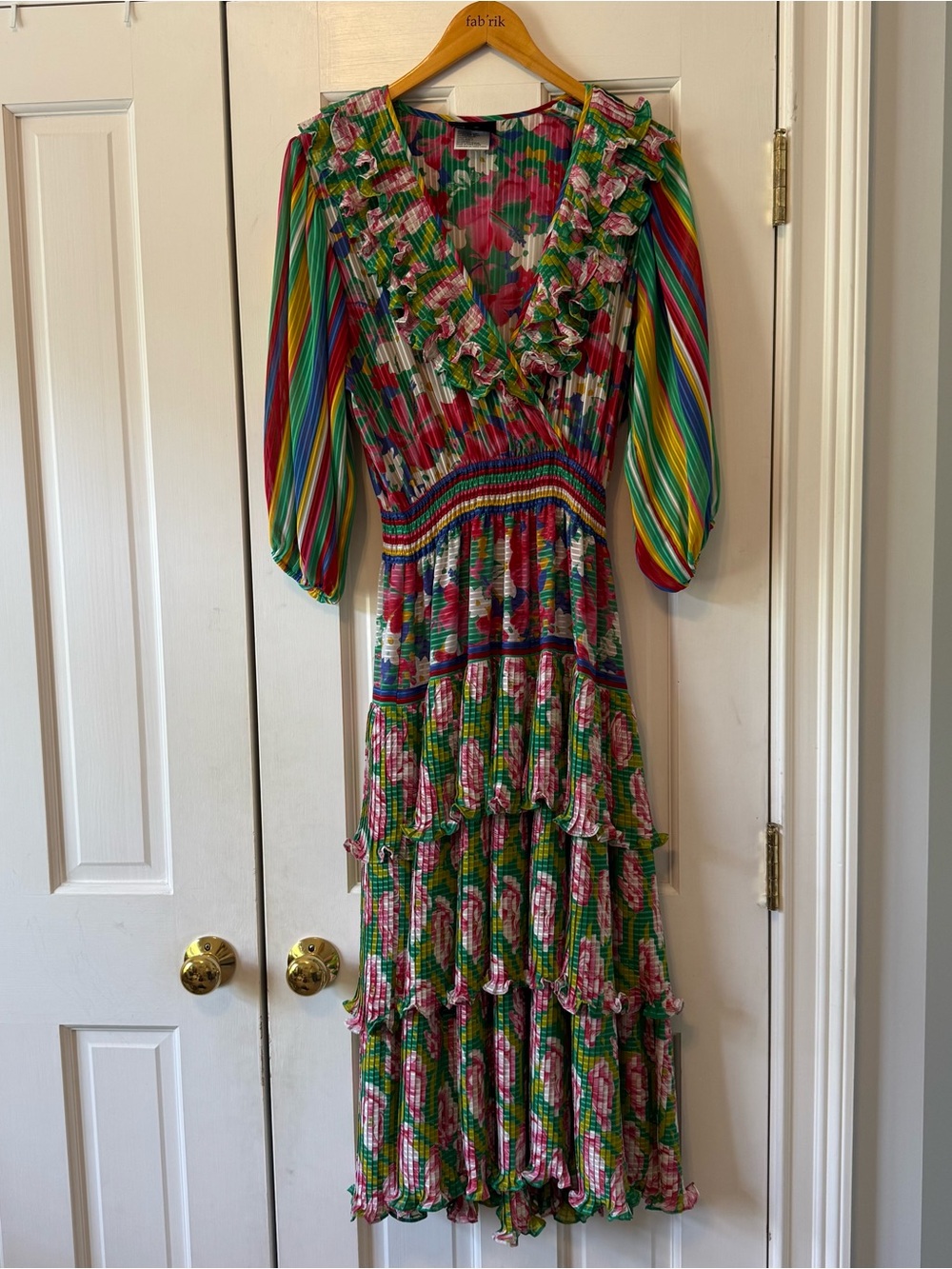 Vintage 80s Diane Freis Green Rainbow Floral Print Ruffle Tiered Maxi Dress